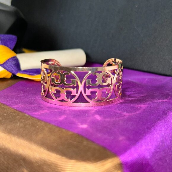 Tory Burch Jewelry - Tory Burch Rose Gold T Logo Wide Open Cuff Bracelet